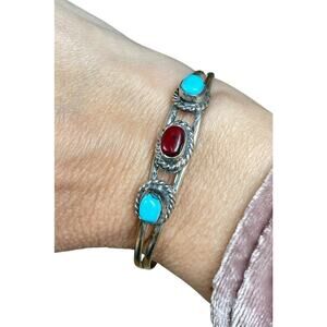 Southwestern Cuff Bracelet Turquoise Red Coral Style 3 Stone Silver Tone Western